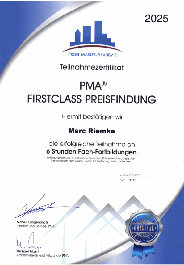 PMA Teilnahmezertifikat Firstclass Preisfindung für Immobilienmakler Marc Riemke Nürnberg 2025