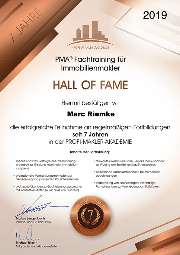 PMA Fachtraining Hall of Fame Zertifikat für Immobilienmakler Marc Riemke Nürnberg